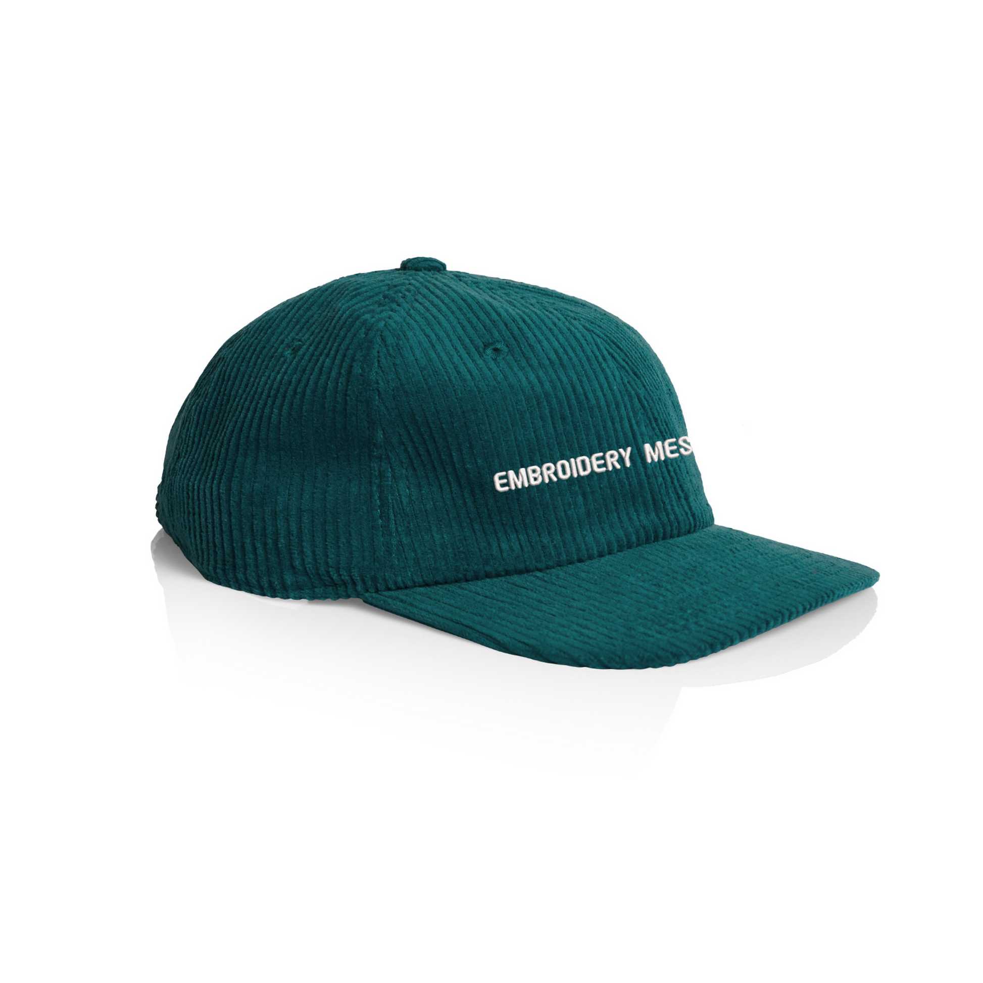 as colour cotton corduroy cap in deep teal green  with personalised custom embroidery