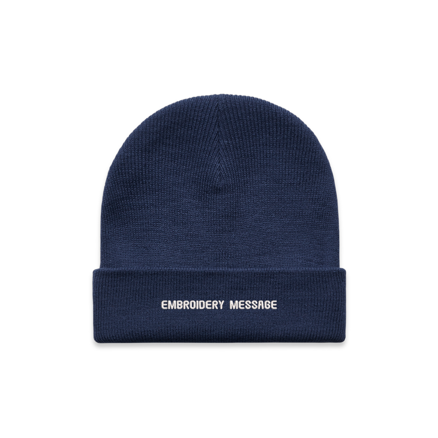 as colour acrylic cuff beanie in cobalt blue with personalised custom embroidery